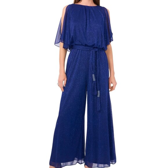 MSK Blue Glitter Chiffon Blouson Wide Leg Jumpsuit L NWT Evening Formal - Picture 2 of 7